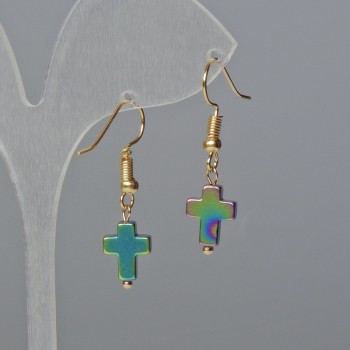 Cercei din hematit «Cruce» în nuanță chameleon, dimensiuni 8,5×10,5×3 mm, lungime 3 cm