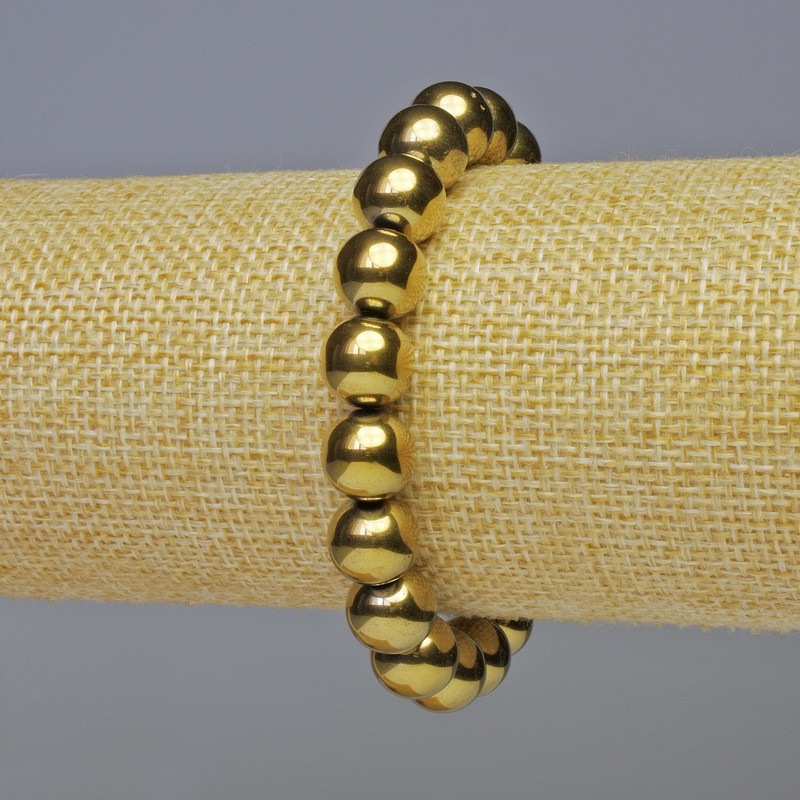 Brățară din hematit cu bile netede, culoare aurie, diametru 10 mm, lungime 18 cm, elastică