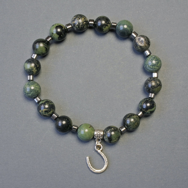 Brățară din jasper oceanic, mărgele netede de 8 mm ±, cuburi de hematit de 3×3 mm ±, lungime 18 cm, pe bază elastică