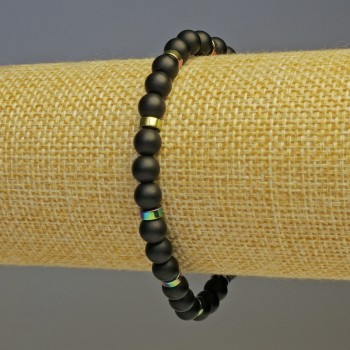 Brățară din șungit cu bile netede, diametru 6 mm ±; hematit curcubeu în formă de disc, diametru 5x2 mm ±; lungime 18 cm, elastică