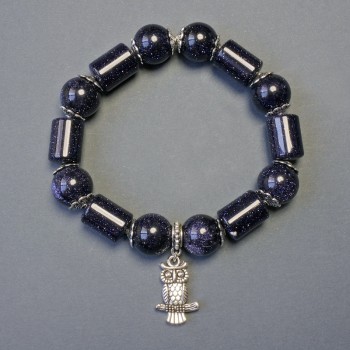 Brățară cu aventurin albastru „Nisip Albastru” – bile netede, diametrul aproximativ 12 mm, și elemente cilindrice de 9×13 mm, lungime 18 cm, pe elastic