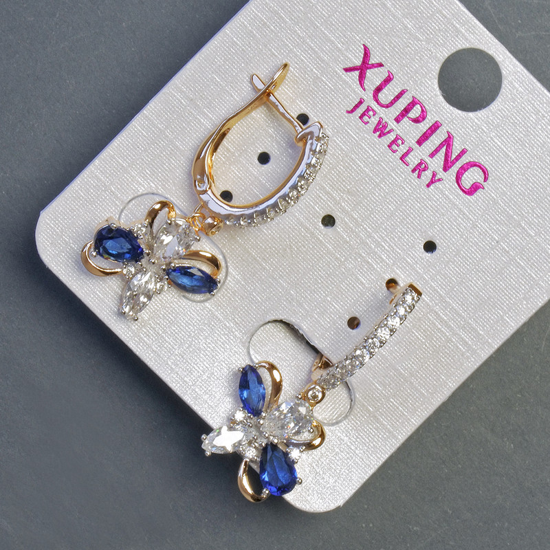 Cercei Xuping cu pietre albastre, 30x12 mm, placare cu aur 18K
