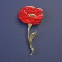 Broșă floare mac roșu perlată, 63×32 mm, metal auriu
