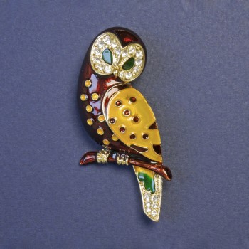 Broșă bufniță, maro-galben, email, metal auriu, 55×28 mm