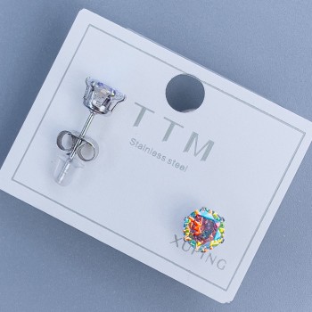 Cercei cu știft Xuping, cu piatră curcubeu de 6 mm, placare rhodiu