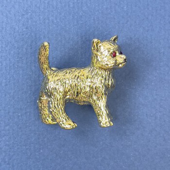 Broșă Pisică cu cristale roșii, metal auriu 27x28mm+