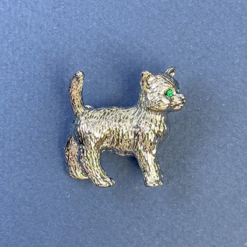 Broșă pisică cu strasuri verzi, metal argintiu, 27×28 mm+