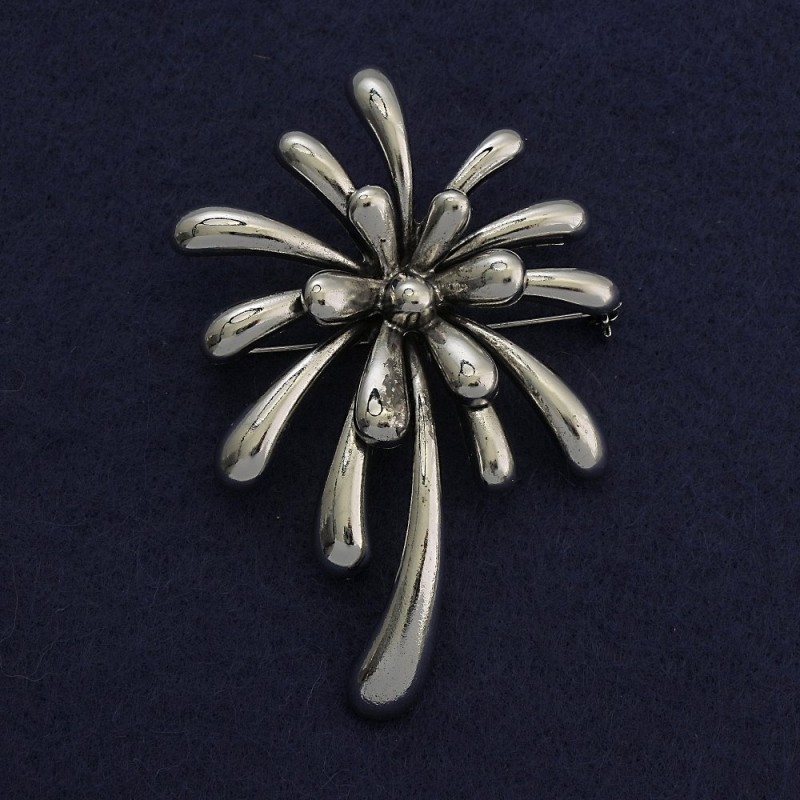 Broșă Floare de crizantemă, metal argintiu, 55x81 mm
