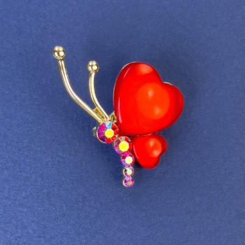 Broșă în formă de fluture, diametru 34×21 mm ±, ochiul pisicii roșu, cu cristale, metal auriu