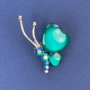 Broșă Fluture, diametrul 34×21 mm, verde intens, ochi de pisică, strasuri, metal argintiu