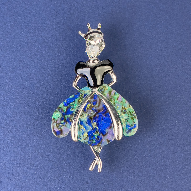 Broșă-pendentă «Prințesa», metal argintiu, 50x28 mm, ± cristal alb