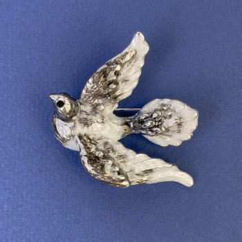Broșă Porumbel, diametrul 40×45 mm +/- email gri, metal argintiu