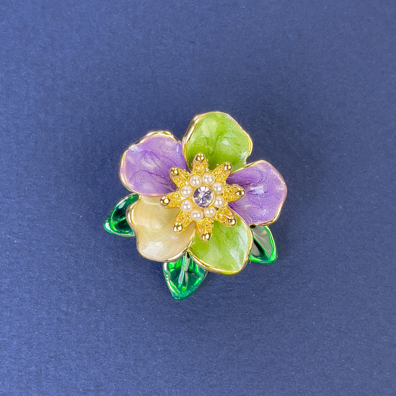 Broșă Floare, diametrul de aproximativ 25 mm, email multicolor și cristale