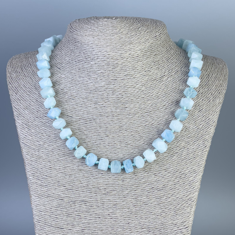 Colier din acvamarin facetat, dimensiuni 10x8 mm, lungime 50 cm, cu închizătoare
