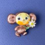 Broșă Cheburashka maro, galben, alb, email, metal auriu 28×31 mm