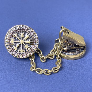 Broșă pentru cardigane, culoare bronz metalic, diametrul de 20 mm, lanț de aproximativ 9 cm