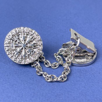 Broșă pentru cardiganuri, metal argintiu închis, diametrul aproximativ de 20 mm, lanț, lungime aproximativă 9 cm