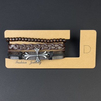 Brățară triplă din piele ecologică, inserție în formă de Cruce, reglabilă, lungime 18–24 cm, maro