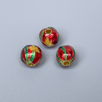 Mărgea Cloisonné email roșu, verde, galben, diametrul 9×9,5 mm, gaură Ø 2,1 mm, culoare metal auriu, 1 bucată