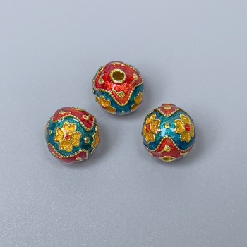 Mărgea Cloisonné turcoaz-roșu, email, diametru 10 mm ±, gaură de 2 mm, culoare metalică aurie, 1 bucată