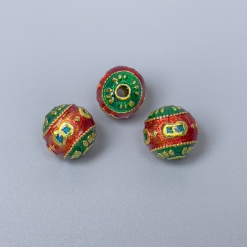 Mărgea Cloisonné roșu și verde email, diametru 10 mm ±, gaură 2 mm, culoare metal auriu, 1 bucată