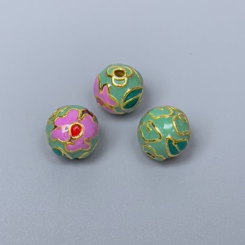 Mărgea Cloisonné mov-liliac și verde deschis, email, diametrul 10 mm +/- gaură 2 mm, culoare metalică auriu, 1 bucată