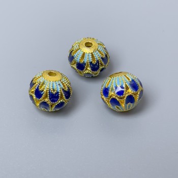 Mărgea Cloisonné email albastru-azuriu, diametru 10×9,5 mm, gaură de 2 mm, culoare metalică aurie, 1 bucată