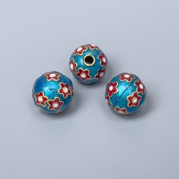 Mărga Cloisonné, albastru deschis cu email roșu, diametrul 10 mm +/-, gaură de 2 mm, culoare metalică aurie, 1 bucată