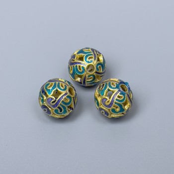 Mărgea Cloisonné albastru-turcoaz, email, diametrul 10 mm, gaură de 2 mm, culoare metal auriu mat, 1 bucată