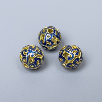 Mărgea Cloisonné albastru email, diametrul 10 mm ±, gaură de 2 mm, culoare metalică aurie, 1 bucată