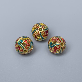 Mărgea cloisonné roșu-turcoaz, email, diametru 10 mm, gaură de 2 mm, culoare metalică aurie, 1 bucată