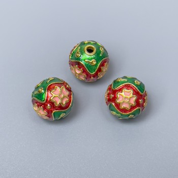 Mărgea Cloisonné verde-roșu-roz email, diametrul aproximativ 10 mm, gaură de 2 mm, culoare metalică aurie, 1 bucată