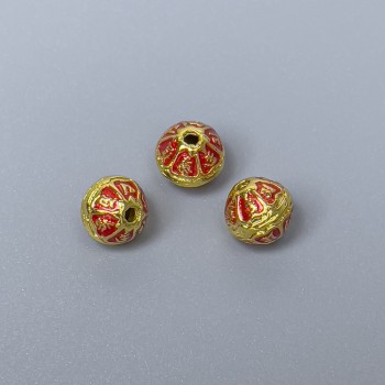 Mărgea Cloisonné roșu email, diametrul 7×6 mm, gaură de 1 mm, culoare metal aurie, 1 bucată
