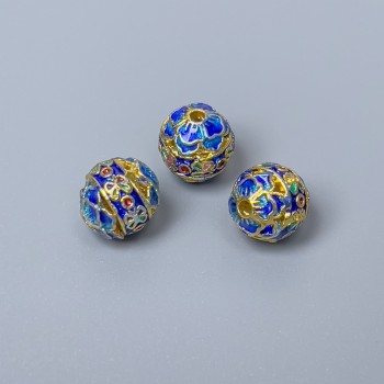 Mărgea Cloisonné cu email albastru, diametru 8 mm ± gaură, diametru 1,5 mm, culoare metalică aurie, 1 bucată