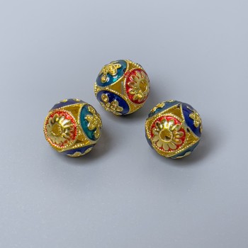 Mărgea Cloisonné roșie, turcoaz și albastră email, diametrul 10 mm ±, gaură 1,8 mm, culoare aurie a metalului, 1 bucată