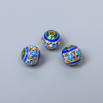 Mărgea Cloisonné verde-albastru emailată, diametru 8 mm, gaură de 1,5 mm, culoare metalului auriu, 1 bucată