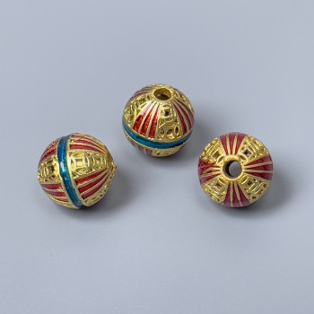 Mărgea Cloisonné roșu-turcoaz email, diametrul 10 mm, gaură de aproximativ 2 mm, culoare metalică aurie, 1 buc