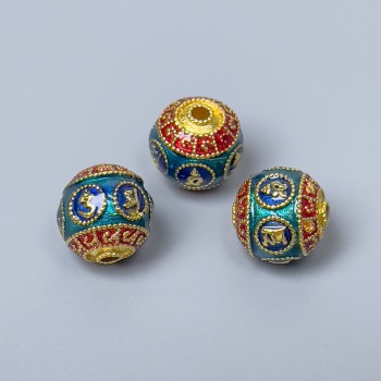 Mărgea Cloisonné roșie, albastră și turcoaz, email, diametrul 10 mm, gaură de 2 mm, culoare metal auriu, 1 bucată