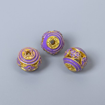 Mărgea Cloisonné mov email, diametru 10 mm, gaură de 1,8 mm, culoare metalică aurie, 1 buc.