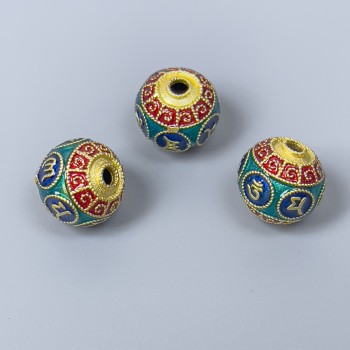 Mărgea Cloisonné roșu-albastru-turcoaz email, diametrul aproximativ 10 mm, gaură de 2 mm, culoare metal deschis auriu mat, 1 bucată