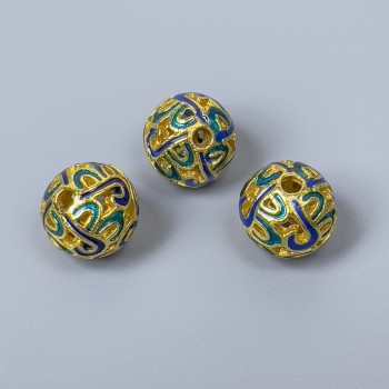 Mărgea Cloisonné albastru-turcoaz email, diametrul de 10 mm, gaură de 2 mm, culoare metalică aurie, 1 bucată
