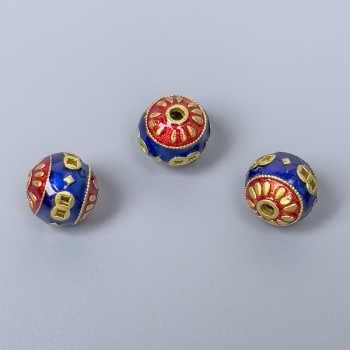 Mărgea Cloisonné albastru-roșu email, diametrul de aproximativ 10 mm, gaură de 2 mm, culoare metalului auriu, 1 bucată