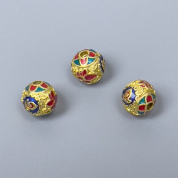 Mărgea Cloisonné albastru, roșu și turcoaz, email, diametru 8 mm, gaură de 1,5 mm, culoare metalică aurie, 1 bucată