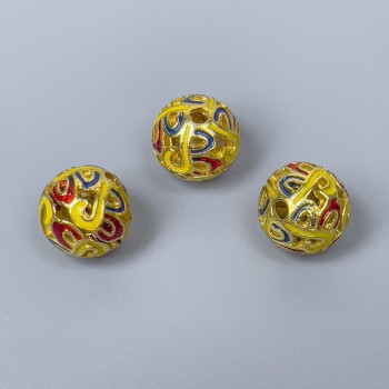 Mărgea Cloisonné roșie, galbenă, albastră email, diametru 10 mm, gaură de 2 mm, culoare metal auriu, 1 bucată
