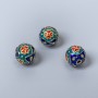 Mărgea Cloisonné albastru, turcoaz și roșu, email, diametru 10 mm, gaură de 2 mm, culoare metal auriu, 1 bucată