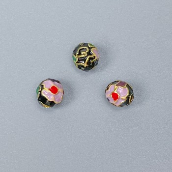 Mărgea Cloisonné cu email negru, mov și verde, diametru 6 mm, gaură de 1 mm, culoare metal aurie, 1 bucată