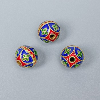 Mărgea Cloisonné email albastru-roșu, diametrul 10 mm, gaură de 2 mm, culoare metalică aurie, 1 bucată
