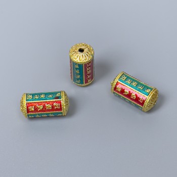 Mărgea Cloisonné cilindrică, verde și roșie email, diametrul 7×14 mm, gaură de aproximativ 1,5 mm, culoare metalică aurie, 1 bucată