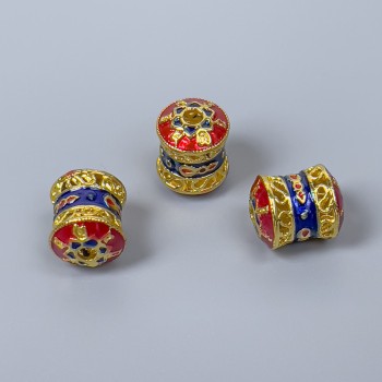 Mărgea Cloisonné cilindrică, albastru-roșu, email, diametrul 8×10 mm, gaură de aproximativ 1,8 mm, culoare aurie a metalului, 1 bucată