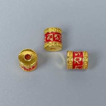 Mărgea Cloisonné cilindric roșu email, diametrul 8×10 mm, gaură de 1,8 mm, culoare metalică aurie, 1 bucată